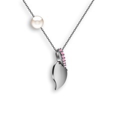 İncili Yaprak Kolye - Pembe kuvars ve inci 18 ayar beyaz altın kolye (40 cm gümüş rolo zincir) #1lcc2a1