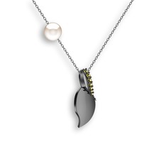 İncili Yaprak Kolye - Peridot ve inci 925 ayar siyah rodyum kaplama gümüş kolye (40 cm beyaz altın rolo zincir) #1lrd48h