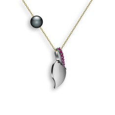 İncili Yaprak Kolye - Rodolit garnet ve siyah inci 8 ayar beyaz altın kolye (40 cm gümüş rolo zincir) #1lrhi30