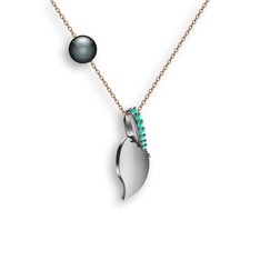 İncili Yaprak Kolye - Yeşil kuvars ve siyah inci 18 ayar beyaz altın kolye (40 cm rose altın rolo zincir) #1lya4fg