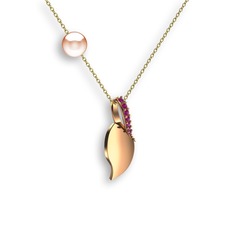 Rodolit garnet ve pembe inci 18 ayar rose altın kolye (40 cm gümüş rolo zincir)