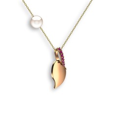 Rodolit garnet ve inci 18 ayar rose altın kolye (40 cm altın rolo zincir)