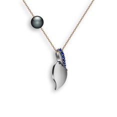 İncili Yaprak Kolye - Lab safir ve siyah inci 18 ayar beyaz altın kolye (40 cm rose altın rolo zincir) #1ov7cum