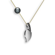 İncili Yaprak Kolye - Siyah zirkon ve siyah inci 18 ayar beyaz altın kolye (40 cm altın rolo zincir) #1ozxrwm