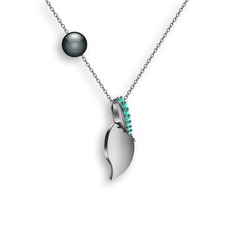 İncili Yaprak Kolye - Yeşil kuvars ve siyah inci 925 ayar gümüş kolye (40 cm beyaz altın rolo zincir) #1pgsqr4