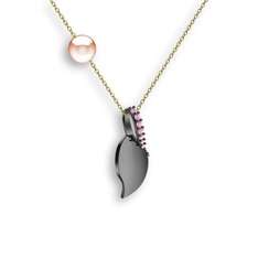 Pembe kuvars ve pembe inci 925 ayar siyah rodyum kaplama gümüş kolye (40 cm altın rolo zincir)