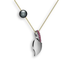 İncili Yaprak Kolye - Kök yakut ve siyah inci 14 ayar beyaz altın kolye (40 cm altın rolo zincir) #1q97mo1