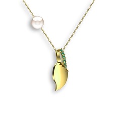 İncili Yaprak Kolye - Kök zümrüt ve inci 925 ayar altın kaplama gümüş kolye (40 cm gümüş rolo zincir) #1srpvzd