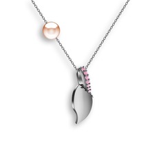 İncili Yaprak Kolye - Pembe kuvars ve pembe inci 14 ayar beyaz altın kolye (40 cm beyaz altın rolo zincir) #1sulkz8