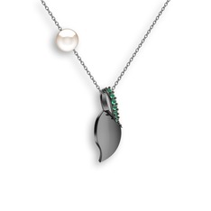 İncili Yaprak Kolye - Kök zümrüt ve inci 925 ayar siyah rodyum kaplama gümüş kolye (40 cm beyaz altın rolo zincir) #1tbz50p