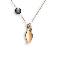 İncili Yaprak Kolye - Swarovski ve siyah inci 18 ayar rose altın kolye (40 cm altın rolo zincir) #1tuhv5z