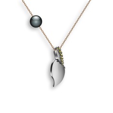 İncili Yaprak Kolye - Peridot ve siyah inci 8 ayar beyaz altın kolye (40 cm rose altın rolo zincir) #1twn3fe