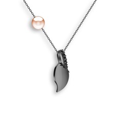 Siyah zirkon ve pembe inci 925 ayar siyah rodyum kaplama gümüş kolye (40 cm gümüş rolo zincir)