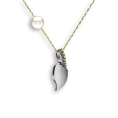 İncili Yaprak Kolye - Peridot ve inci 14 ayar beyaz altın kolye (40 cm altın rolo zincir) #1v62by2