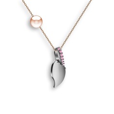 İncili Yaprak Kolye - Pembe kuvars ve pembe inci 18 ayar beyaz altın kolye (40 cm rose altın rolo zincir) #1vczrbd