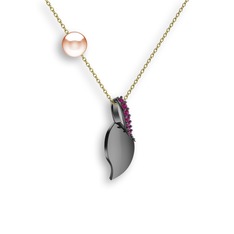 İncili Yaprak Kolye - Rodolit garnet ve pembe inci 925 ayar siyah rodyum kaplama gümüş kolye (40 cm altın rolo zincir) #1vo814b