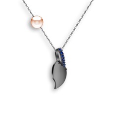 İncili Yaprak Kolye - Lab safir ve pembe inci 925 ayar siyah rodyum kaplama gümüş kolye (40 cm beyaz altın rolo zincir) #1wchc3h