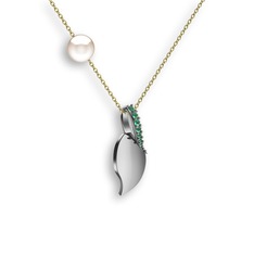 Kök zümrüt ve inci 18 ayar beyaz altın kolye (40 cm altın rolo zincir)