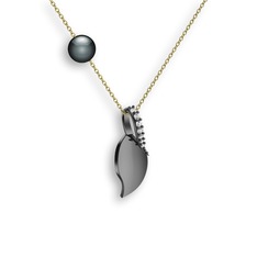 İncili Yaprak Kolye - Swarovski ve siyah inci 925 ayar siyah rodyum kaplama gümüş kolye (40 cm altın rolo zincir) #1wwuvq6