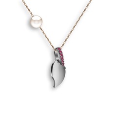 İncili Yaprak Kolye - Kök yakut ve inci 8 ayar beyaz altın kolye (40 cm rose altın rolo zincir) #1x009ko