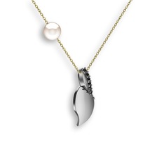 Siyah zirkon ve inci 18 ayar beyaz altın kolye (40 cm altın rolo zincir)