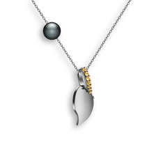 İncili Yaprak Kolye - Sitrin ve siyah inci 18 ayar beyaz altın kolye (40 cm beyaz altın rolo zincir) #1y750m