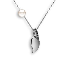 İncili Yaprak Kolye - Siyah zirkon ve inci 14 ayar beyaz altın kolye (40 cm beyaz altın rolo zincir) #1yw7gkb