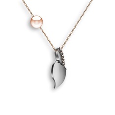 İncili Yaprak Kolye - Dumanlı kuvars ve pembe inci 18 ayar beyaz altın kolye (40 cm rose altın rolo zincir) #24idtt