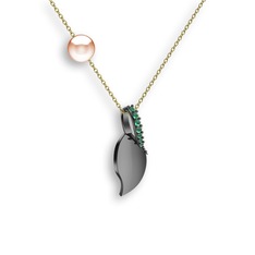 Kök zümrüt ve pembe inci 925 ayar siyah rodyum kaplama gümüş kolye (40 cm altın rolo zincir)