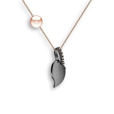 İncili Yaprak Kolye - Dumanlı kuvars ve pembe inci 925 ayar siyah rodyum kaplama gümüş kolye (40 cm gümüş rolo zincir) #39fjrl