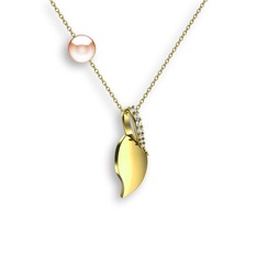 İncili Yaprak Kolye - Swarovski ve pembe inci 8 ayar altın kolye (40 cm altın rolo zincir) #3a0220