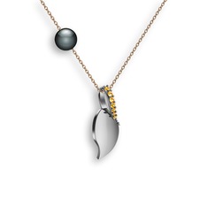 İncili Yaprak Kolye - Sitrin ve siyah inci 14 ayar beyaz altın kolye (40 cm rose altın rolo zincir) #61s50w