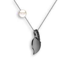 Siyah zirkon ve inci 925 ayar siyah rodyum kaplama gümüş kolye (40 cm beyaz altın rolo zincir)