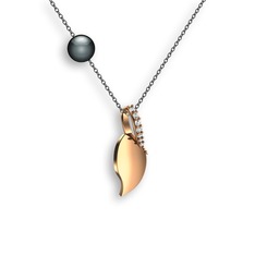 İncili Yaprak Kolye - Swarovski ve siyah inci 18 ayar rose altın kolye (40 cm gümüş rolo zincir) #89qjod