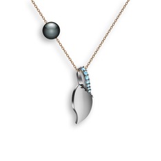 İncili Yaprak Kolye - Akuamarin ve siyah inci 18 ayar beyaz altın kolye (40 cm rose altın rolo zincir) #8b0s7y