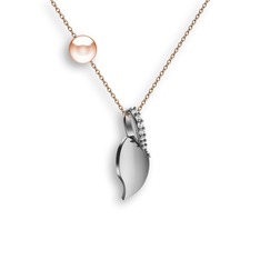 İncili Yaprak Kolye - Pırlanta ve pembe inci 925 ayar gümüş kolye (0.077 karat, 40 cm rose altın rolo zincir) #8byvtz