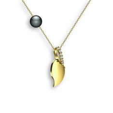 İncili Yaprak Kolye - Swarovski ve siyah inci 18 ayar altın kolye (40 cm altın rolo zincir) #8vgfce