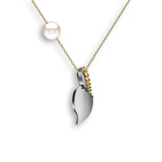 Sitrin ve inci 18 ayar beyaz altın kolye (40 cm altın rolo zincir)