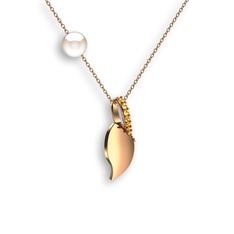 İncili Yaprak Kolye - Sitrin ve inci 14 ayar rose altın kolye (40 cm rose altın rolo zincir) #a5l72q