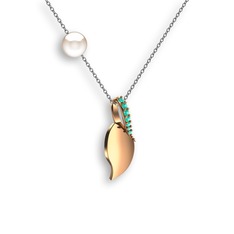 İncili Yaprak Kolye - Yeşil kuvars ve inci 18 ayar rose altın kolye (40 cm beyaz altın rolo zincir) #ac6ugn