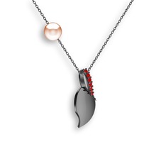 İncili Yaprak Kolye - Garnet ve pembe inci 925 ayar siyah rodyum kaplama gümüş kolye (40 cm gümüş rolo zincir) #ao3j4w