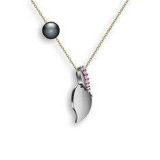 İncili Yaprak Kolye - Pembe kuvars ve siyah inci 925 ayar gümüş kolye (40 cm altın rolo zincir) #aq2ndv