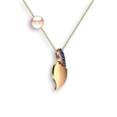 İncili Yaprak Kolye - Lab safir ve pembe inci 8 ayar rose altın kolye (40 cm altın rolo zincir) #d70i5a
