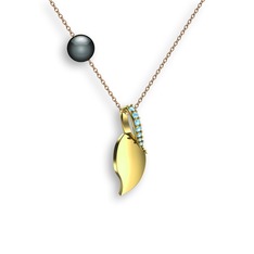 İncili Yaprak Kolye - Akuamarin ve siyah inci 925 ayar altın kaplama gümüş kolye (40 cm rose altın rolo zincir) #dnyey4