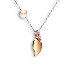 İncili Yaprak Kolye - Pembe kuvars ve pembe inci 8 ayar rose altın kolye (40 cm beyaz altın rolo zincir) #dsu0i