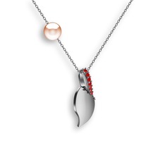 Garnet ve pembe inci 8 ayar beyaz altın kolye (40 cm beyaz altın rolo zincir)