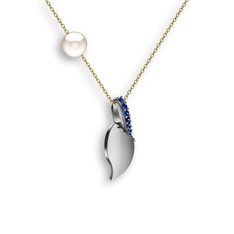 İncili Yaprak Kolye - Lab safir ve inci 18 ayar beyaz altın kolye (40 cm altın rolo zincir) #fpic1p