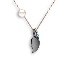 Akuamarin ve inci 925 ayar siyah rodyum kaplama gümüş kolye (40 cm rose altın rolo zincir)