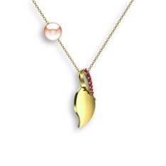 Rodolit garnet ve pembe inci 18 ayar altın kolye (40 cm gümüş rolo zincir)