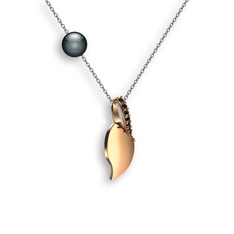 İncili Yaprak Kolye - Siyah zirkon ve siyah inci 18 ayar rose altın kolye (40 cm beyaz altın rolo zincir) #g1kyym